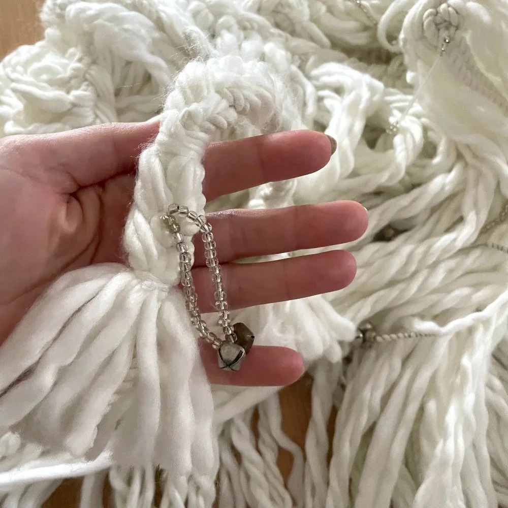 Anthropologie Braided Fringe Garland Ivory Yarn with Beads Charms & Little Bells
